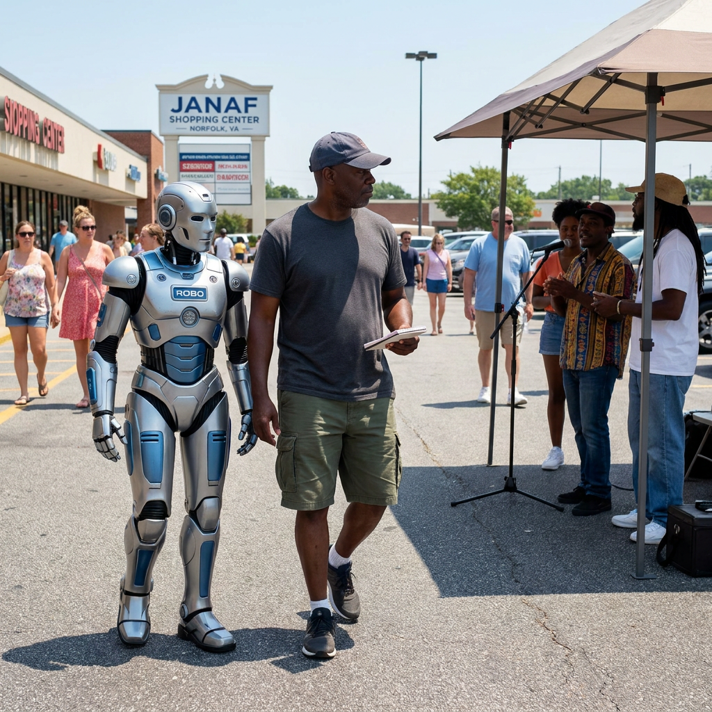 William Dusk walks through Janaf Shopping Center in Norfolk with his robot assistant Robo