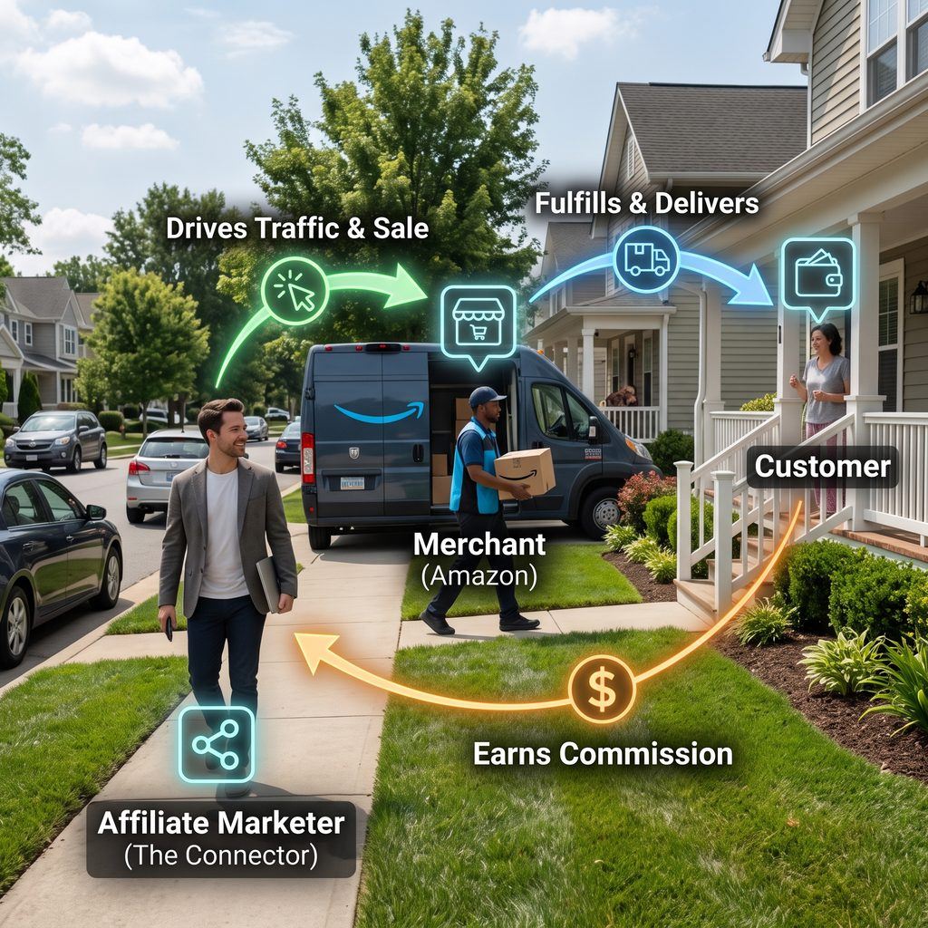 How Affiliate Marketing Works - 757 Biz Click How affiliate marketing works: an affiliate marketer shares a link, the customer buys from the merchant, and the merchant pays a commission